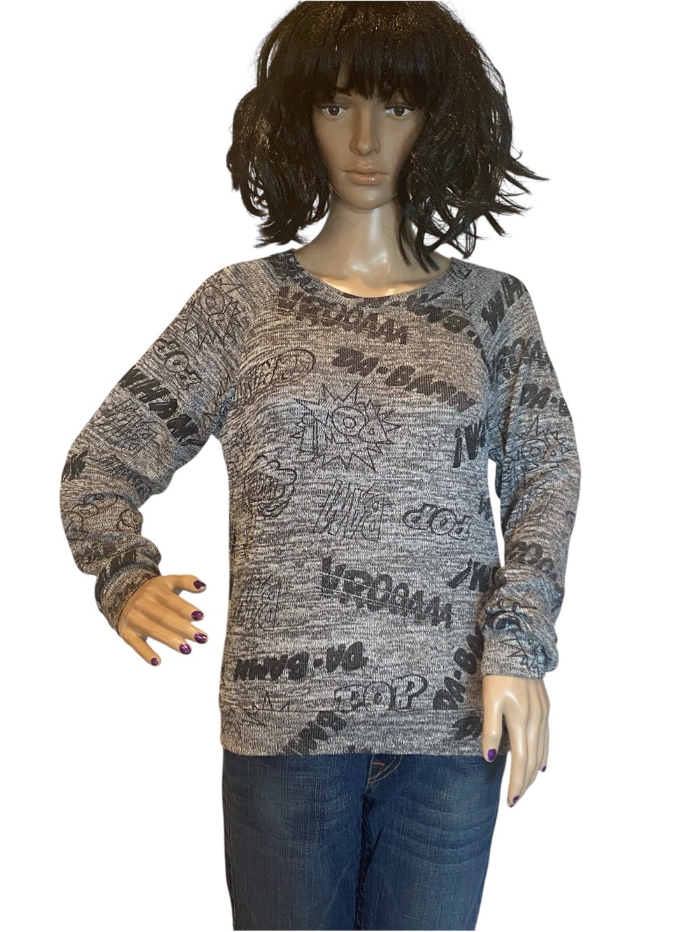 Jerry Leigh Knit Sweater BOOM POW BAM VVROOMM Comic Strip Style Sz Jr Medium EUC